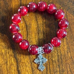 Red Bead Stretch Bracelet with Silver-Tone Cross Charm